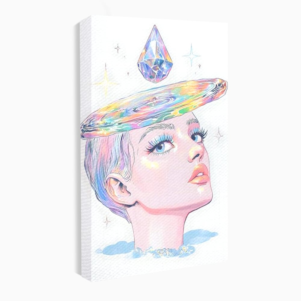 Tablou canvas cu ilustratie cu portret de femeie si galaxie, fara rama, pe sasiu de lemn